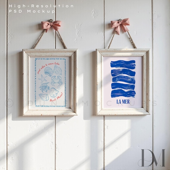 8x10 Double Frame Mockup: Coquette Pink Bows, Vintage White Wood | PSD & JPG