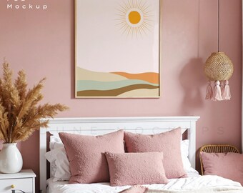 8x10 Boho Bedroom Frame Mockup: Blush Pink Wall Art Display | PSD & JPG