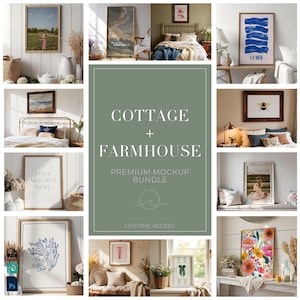 Peut inclure: Une collection d'impressions d'art encadrées et de maquettes, comprenant des peintures de paysages, des motifs abstraits et des illustrations botaniques. Les images sont présentées dans un style cottage et ferme, avec une palette de couleurs neutres et des éléments naturels. Le texte "COTTAGE + FARMHOUSE" est visible.