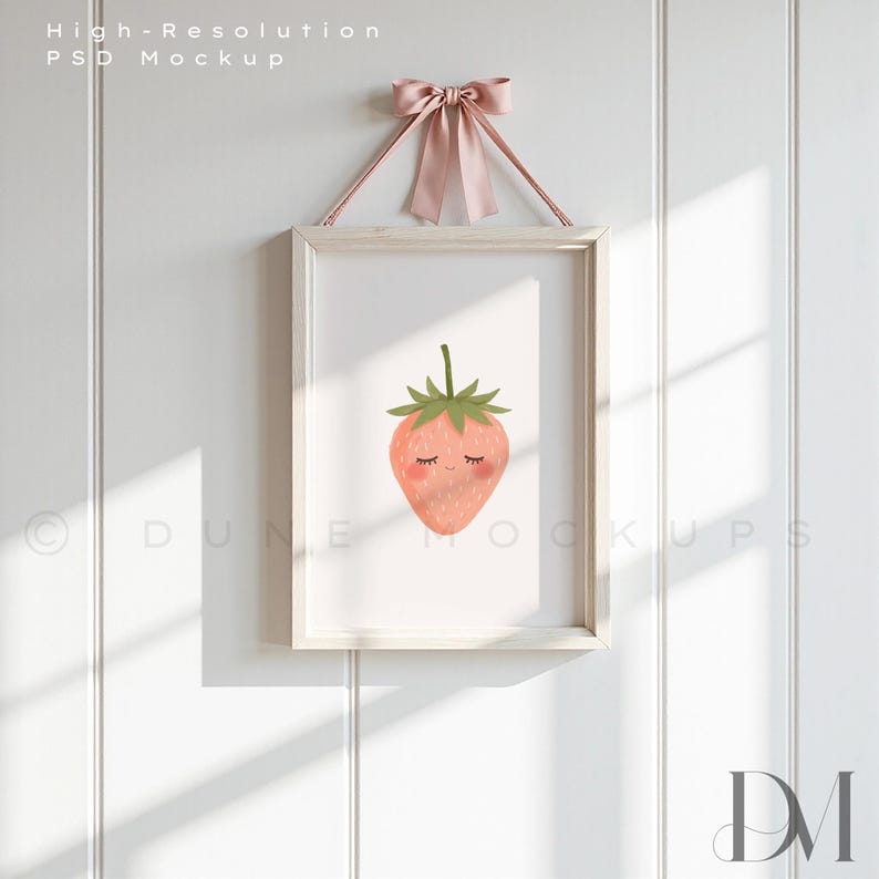 A4 Wooden Frame Mockup: Pink Velvet Bow, Light Wood, Coquette Style | PSD & JPG image 3