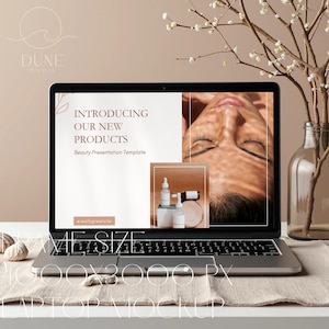 May include: A laptop screen showing a beauty presentation template with the text "INTRODUCING OUR NEW PRODUCTS". The screen displays skincare products and a close-up of a face. A vase with branches and a clear bottle are on the right.