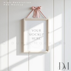 A4 Wooden Frame Mockup: Pink Velvet Bow, Light Wood, Coquette Style | PSD & JPG image 2