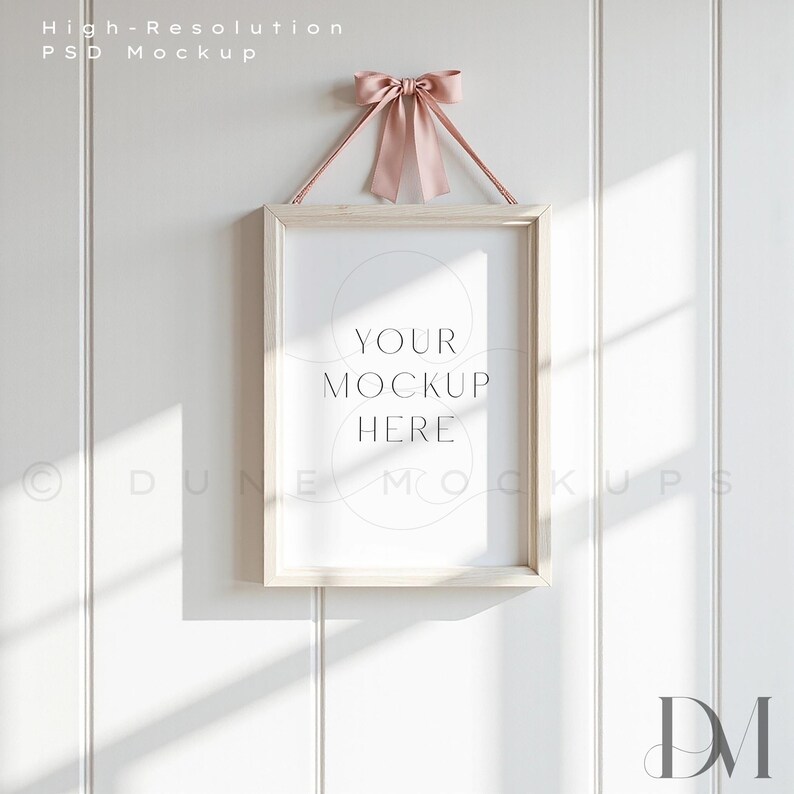 A4 Wooden Frame Mockup: Pink Velvet Bow, Light Wood, Coquette Style | PSD & JPG image 2