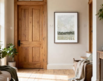 May include: A framed landscape art print hangs on a beige wall in a well-lit room. A large wooden door and a woven basket with a blanket are also visible. The text "CANVA TEMPLATE | NO PHOTOSHOP" is at the top.
