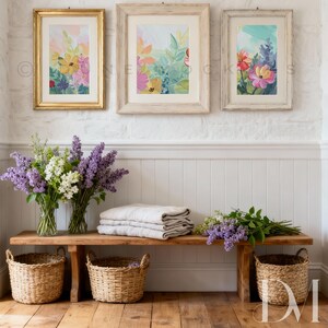 Mockup di cornice tripla in stile country inglese per Canva / Mockup di decorazione murale in stile cottage primaverile / Senza Photoshop