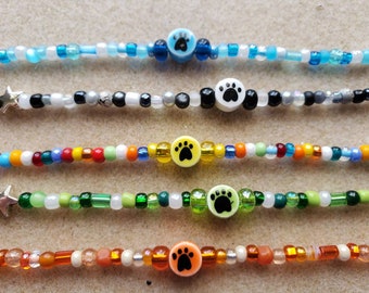 Hand made dog cat paw print glass bead anklet ankle bracelet assorted colors with hand painted paw print ceramic bead