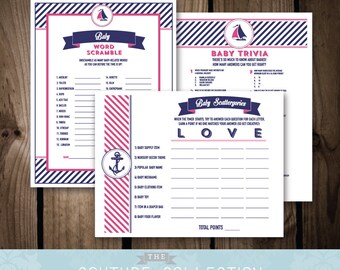 Baby Shower GAME PACKAGE of 3 games - Set 2 - Baby on Board Nautical Preppy Girl Baby Shower Navy and Pink Printable DIY Instant Download