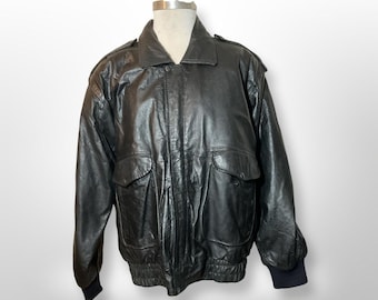 Vintage 1980s Black Leather Mens Bomber Jacket