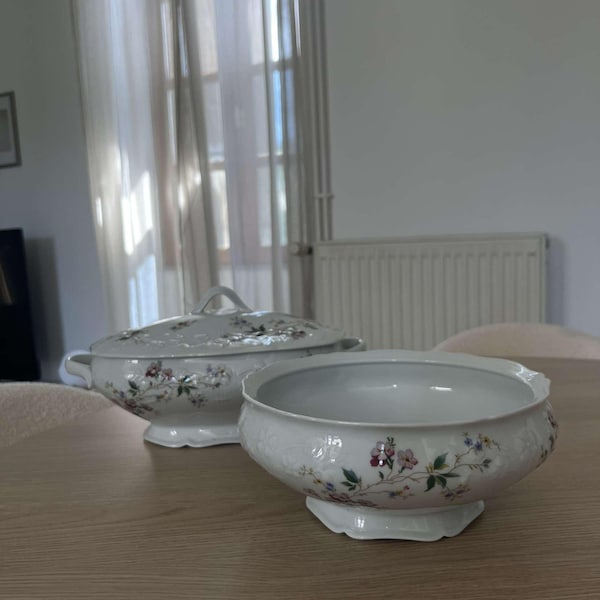 CENTRE DE TABLE ANCIEN SOUPIERE +PLAT PORCELAINE de PARIS BRONZE dlg LE