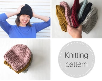 Knit beanies 3 ways pattern - instant download - adult knit hat pattern - easy knitting pattern - chunky knit hat