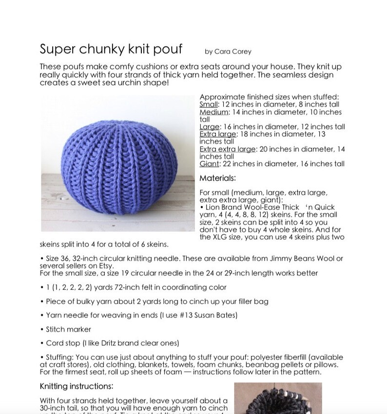Chunky knit pouf PDF pattern with stuffing instructions Etsy