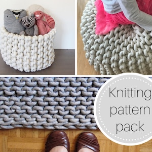 Knit pattern pack: rope basket, rope rug and rope pouf patterns - instant download - giant knit rug - easy knitting - modern knitting