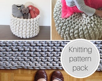 Strickmuster-Paket: Strickkorb, Strick-Pouf und Strickmuster - Sofort Download - Riesen Strickteppich - einfach stricken - modern stricken