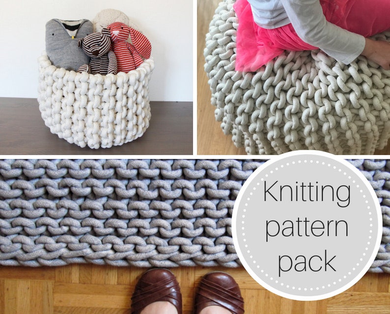 Knit Pattern Pack: Rope Basket, Rope Rug and Rope Pouf Patterns Instant ...