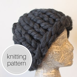 May include: A gray knitted hat with a chunky cable knit pattern. The hat is on a mannequin head. The text "knitting pattern" is on a white circle with gray polka dots.