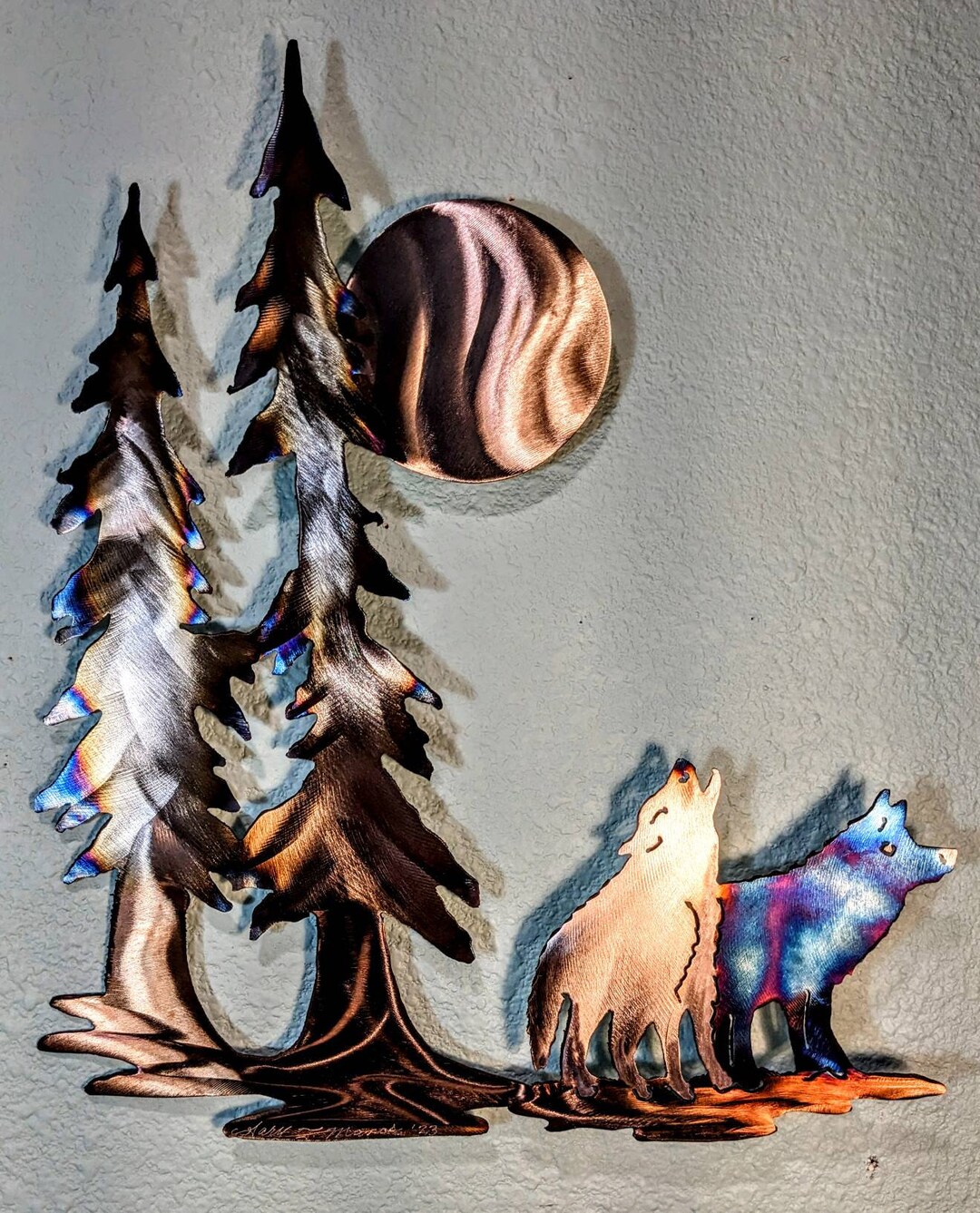 Handmade Metal Stainless Steel Art Trees Wolf Wolves Howling Moon Wall