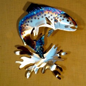 Trout Rainbow Brown Brook Lake Fish Fly Fishing Fisherman Swimming Stream River Current Cabin Lodge Cottage Metal Wall Art Steel Home Decor