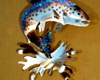 Trout Rainbow Brown Brook Lake Fish Fly Fishing Fisherman Swimming Stream River Current Cabin Lodge Cottage Metal Wall Art Steel Home Decor