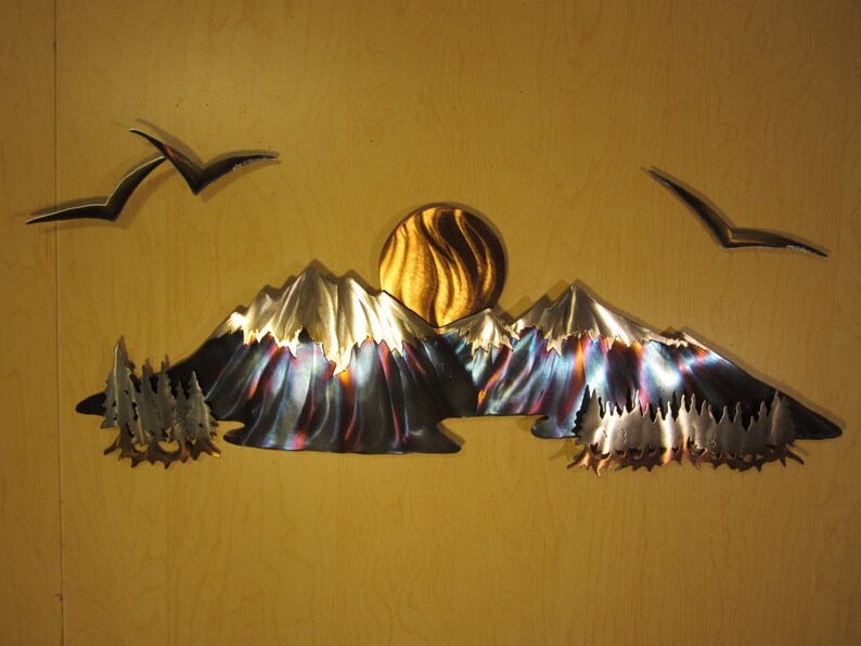 Mountain Tree Trees Sun Moon Metal Wall Art Home Decor Log Etsy