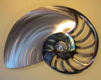 Large Nautilus Sea Shell Metal Ocean Decor Steel Beach Cottage Home Surf Sand Coastal Beachcombing Wall Art