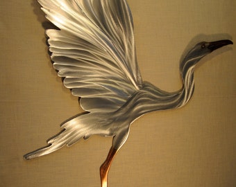 Stainless Steel Snowy Egret Heron Crane Coastal Steel Decor Marine Marsh Wetlands Audubon Bird Ocean Lake River Metal Cottage Home Wall Art