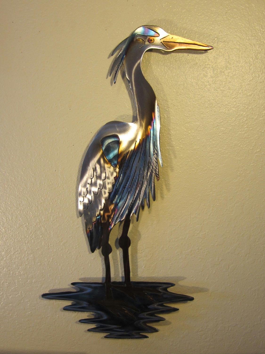 Stainless Steel Great Blue Heron Coast Coastal Decor Marine Ocean Lake River Wetlands Audubon Society Bird Watching Metal Home Wall Art