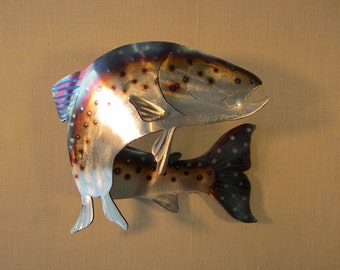 Trout Rainbow Brown Brook Lake Fish Fly Fishing Fisherman Swimming Stream River Current Cabin Lodge Cottage Metal Wall Art Steel Home Decor