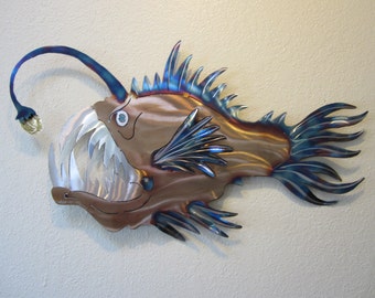 Anglerfish Angler Lantern Fish Deep Sea Ocean Metal Wall Art Stainless Steel Home Beach Decor