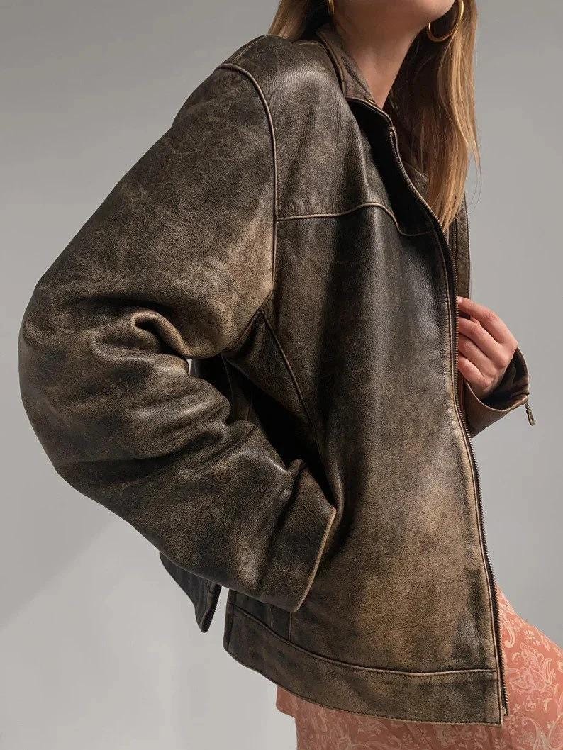 90s Vintage Lamb Leather Bomber Jacket: Oversized Biker Jacket