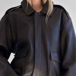 Women Classic Brown Leather Bomber Jacket, Oversized Straight Cut Sheep Leather Jacket. Ladies Leather Jacket, Ladies Soft Leather Jacket