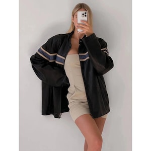 Women 80&#39;s Vintage Black Oversized Jacket With Blue Stripe, Supple Leather Jacket, Classic Leather Jacket, Premium Jacket, Gift for Her