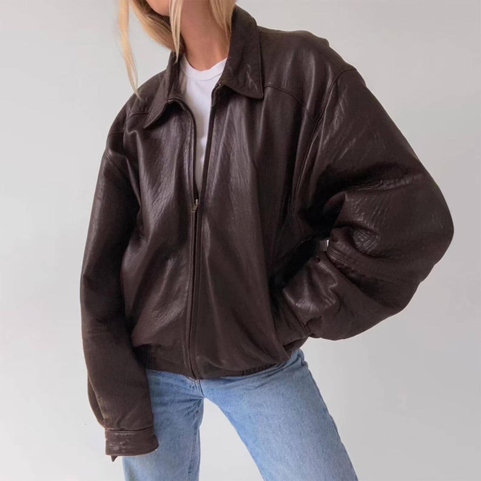 1980s Vintage Brown Lambskin Leather Jacket: Oversized Boxy Fit