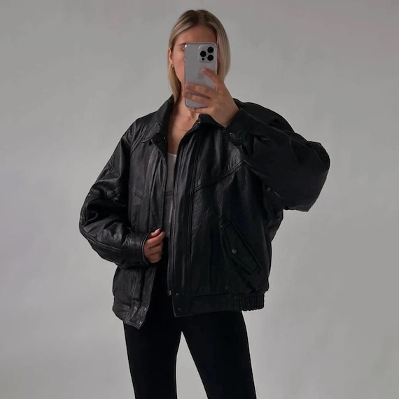 Oversized Black Lambskin Leather Bomber Jacket: Women's Vintage