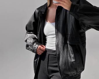 Oversized Black Lambskin Leather Bomber Jacket: Women's Ultra-Soft Outerwear
