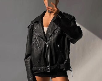Veste motard oversize en cuir d'agneau : streetwear pour femme