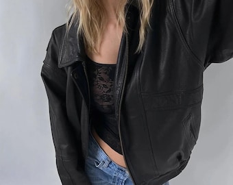 Chaqueta bomber extragrande de piel de cordero: Chaqueta informal de cuero negro para mujer