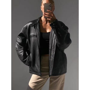 80s Vintage Black Lambskin Leather Oversized Bomber Jacket