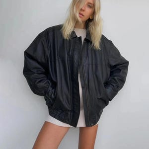 Blouson bomber oversize en cuir d'agneau souple pour dames des années 80, veste noire véritable vintage casual wear, cuir naturel, cadeau pour femme