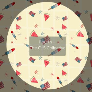 May include: A Fourth of July themed pattern featuring popsicles, watermelon slices, American flags, and stars. The text "Fourth - The C+S Collective" is displayed in a central rectangle. The background is a light yellow grid.
