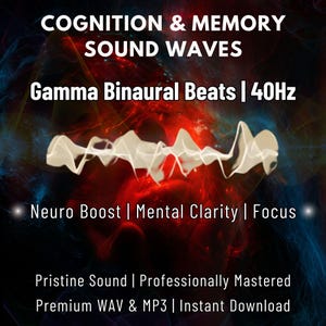 Puede incluir: Una ilustración digital de ondas sonoras con el texto "COGNITION & MEMORY SOUND WAVES" en letras blancas sobre un fondo rojo y azul. El texto "Gamma Binaural Beats | 40Hz" está debajo de las ondas sonoras. El texto "Neuro Boost | Mental Clarity | Focus" está debajo del texto "Gamma Binaural Beats | 40Hz". El texto "Pristine Sound | Professionally Mastered" está debajo del texto "Neuro Boost | Mental Clarity | Focus". El texto "Premium WAV & MP3 | Instant Download" está debajo del texto "Pristine Sound | Professionally Mastered".