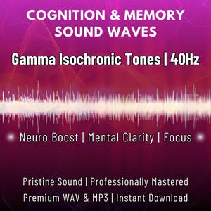 May include: Pink and white graphic with the text "COGNITION & MEMORY SOUND WAVES" and "Gamma Isochronic Tones | 40Hz". Below the text is a white sound wave graphic. The text "Neuro Boost | Mental Clarity | Focus" is below the sound wave. The text "Pristine Sound | Professionally Mastered" and "Premium WAV & MP3 | Instant Download" is at the bottom of the graphic.