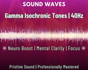 May include: Pink and white graphic with the text "COGNITION & MEMORY SOUND WAVES" and "Gamma Isochronic Tones | 40Hz". Below the text is a white sound wave graphic. The text "Neuro Boost | Mental Clarity | Focus" is below the sound wave. The text "Pristine Sound | Professionally Mastered" and "Premium WAV & MP3 | Instant Download" is at the bottom of the graphic.