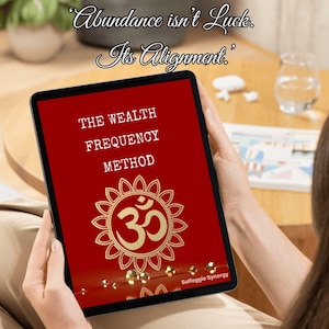 Puede incluir: Una tableta muestra una pantalla roja con el texto "THE WEALTH FREQUENCY METHOD" y un símbolo Om dorado. El texto "Abundance isn't Luck. Its Alignment" está en la parte superior. La esquina inferior derecha dice "Solfeggio Synergy".