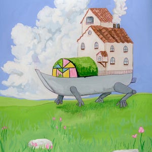 May include: A whimsical painting of a house with a brown roof and white walls, perched on a large, grey, mechanical platform with four legs. The house has a green roof and a colourful stained glass window. The platform is moving across a green field with pink flowers.