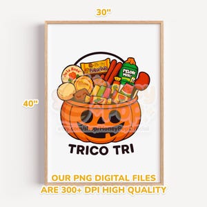 Peut inclure: Impression encadr&eacute;e d'une citrouille de dessin anim&eacute; remplie de bonbons et de collations. La citrouille est orange avec un visage sculpt&eacute;. L'impression mesure 76 cm de large et 102 cm de haut. Le texte "TRICO TRI" est en bas.
