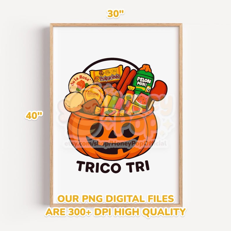 Peut inclure: Impression encadr&eacute;e d'une citrouille de dessin anim&eacute; remplie de bonbons et de collations. La citrouille est orange avec un visage sculpt&eacute;. L'impression mesure 76 cm de large et 102 cm de haut. Le texte "TRICO TRI" est en bas.