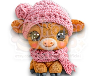 Cute Cow PNG | Baby Cow PNG | Kawaii Cow Clipart | Pink Beanie Cow | Sublimation DTF Shirt Sticker Design