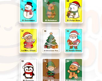 Jeu complet de 19 cartes de Noël Lotería PNG | Clipart vacances espagnol + espagnol | Lot mignon père Noël, elfe, arbre, pain d'épice PNG