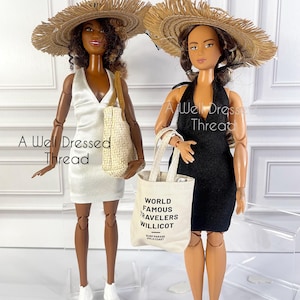 Summer Doll Halter top Dress, Curvy Doll Dress, Doll Summer tote, Doll Summer Straw Hat, ,  11.5&quot; doll, 12&quot; doll, 1:6 Doll Clothes