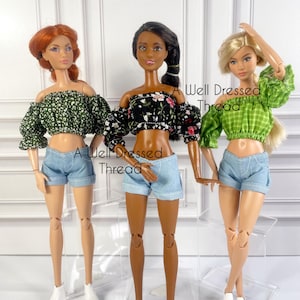 Summer Doll Ruffle Top, Doll Denim Shorts, Fashion Doll clothes,  11.5&quot; doll, 12&quot; doll, Realistic Doll Clothes. 1:6 Doll Clothes